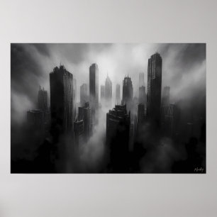 Majestueuze wolkenkrabbers gehuld in dramatische m poster