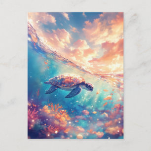 Majestueuze zeeschildpad onder zonsondergang hemel briefkaart