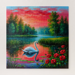 Majestueuze zwaan glijdt over een serene meer legpuzzel