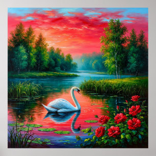 Majestueuze zwaan glijdt over een serene meer poster