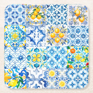 Majolica, citroen, Siciliaanse tegels, Vierkante Kartonnen Onderzetter