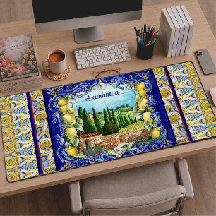 Majolica zomer Italiaanse blauwe tegels citrus Bureaumat
