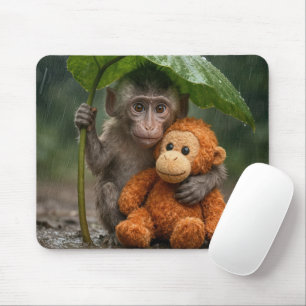 Makaken aap met een knuffel orang-oetan muismat