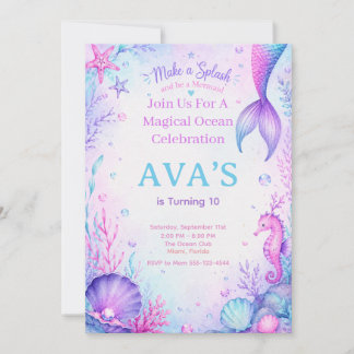 Make a Splash Mermaid Birthday Party Watercolor Kaart