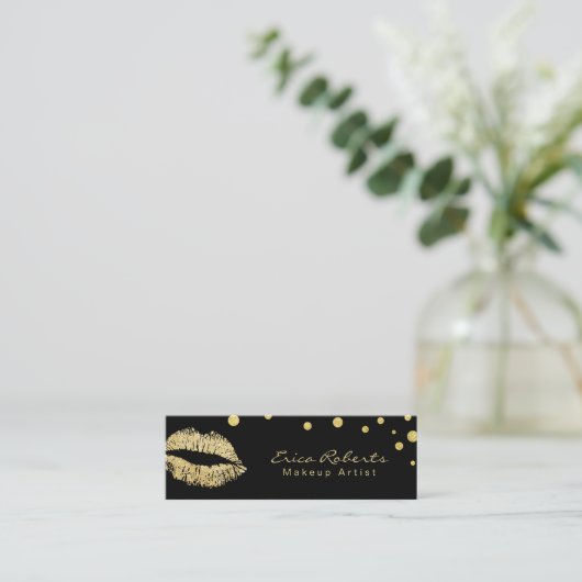 Make-up artiest Glitter Lips Modern Zwart & Goud Mini Visitekaartje (Staand voorkant)