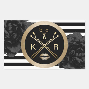 Make-up Artiest Haar Stylist Zwart Bloemen Modern Rechthoekige Sticker