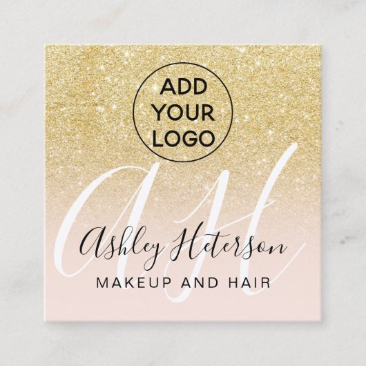 Make-up blush chic goud glitter logo monogram vierkante visitekaartje (Voorkant)