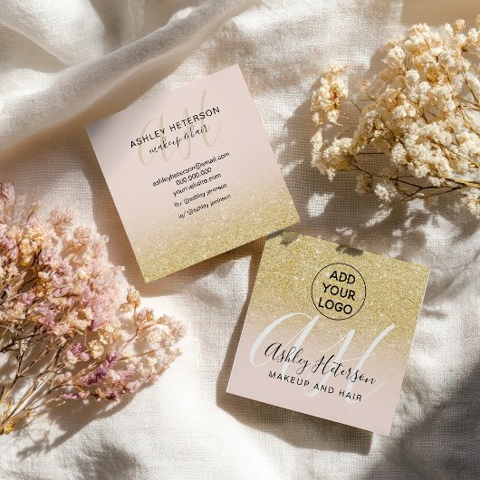 Make-up blush chic goud glitter logo monogram vierkante visitekaartje