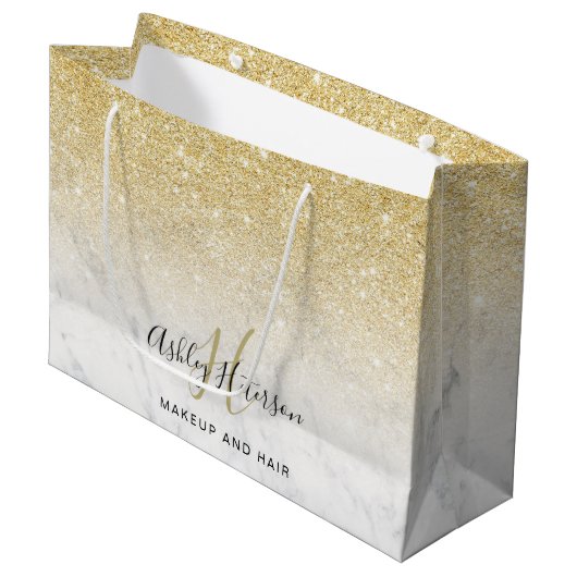Make-up monogram marmer gouden glitterscript groot cadeauzakje (Voorkant Gekanteld)