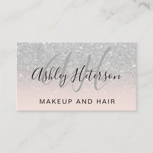 Make-up monogrammed roze zilveren glitter script visitekaartje (Voorkant)