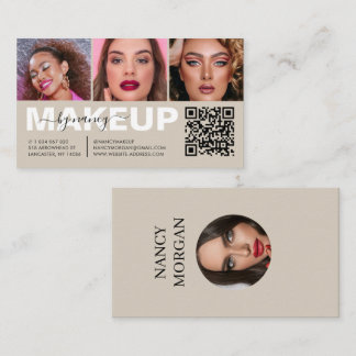 Make-up Typografie 3 Foto Collage QR Code Beige Visitekaartje