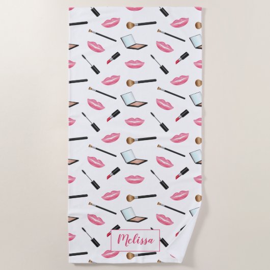 Make-uppatroon en roze lippen met eigen naam strandlaken (Voorkant)