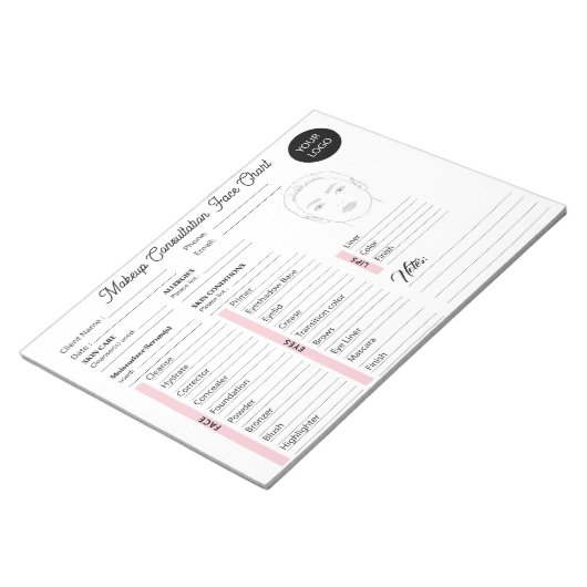 Make-upraadpleging gezicht wit en roze grafiek notitieblok (Schuin)