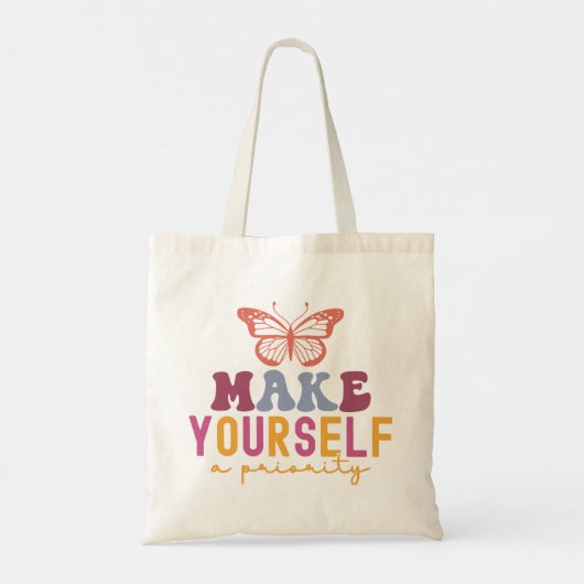 "Make Yourself a Priority" Retro Butterfly Quote Tote Bag (Achterkant)