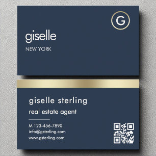 Makelaar Navy Blue QR Code Gold Monogram Visitekaartje
