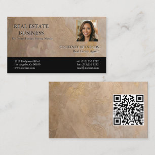 Makelaar Pasfoto Beige Goud Textuur QR-code Visitekaartje