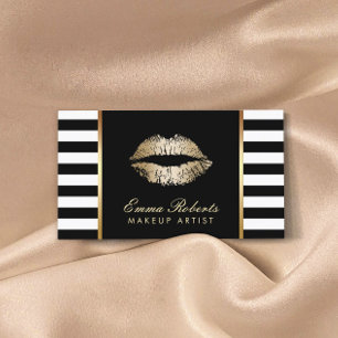 Makeup Artist Classy Black White Stripes Gold Lips Visitekaartje