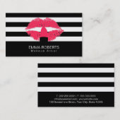 Makeup Artist Classy Black White Stripes Red Lips Visitekaartje (Voorkant / Achterkant)