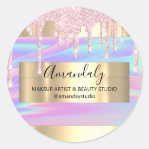 Makeup Artist Glitter Drip Gold Framed Holograaf Ronde Sticker