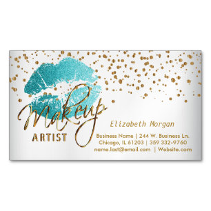 Makeup Artist - Gold Confetti & Blauwgroen lips - Visitekaartje Magneet