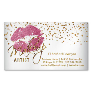 Makeup Artist - Gold Confetti en  roze lips Magnetisch Visitekaartje