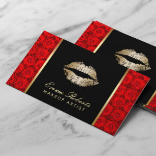 Makeup Artist Gold Lips Elegant Red Roses Visitekaartje