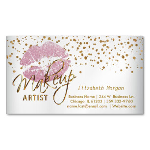 Makeup Artist - Goud Confetti en Roze Lips Magnetisch Visitekaartje