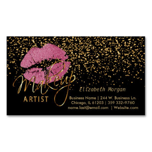 Makeup Artist - Goud Confetti &  Roze Lips Magnetisch Visitekaartje