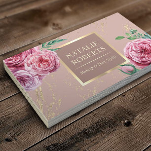 Makeup Artist Hair Salon Pink Floral Roos Gold Visitekaartje