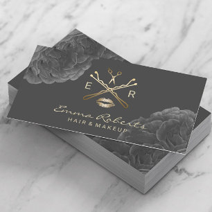 Makeup Artist Hair Stylist Dark Floral Gold Logo Visitekaartje