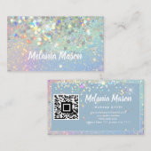 Makeup Artist Holographic Glitter QR Code Blue Visitekaartje (Voorkant / Achterkant)