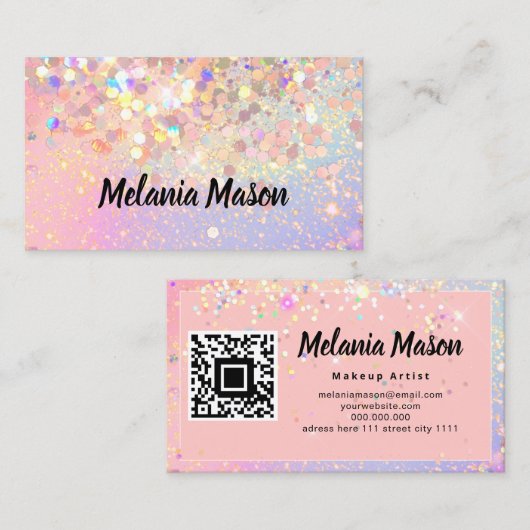 Makeup Artist Holographic Glitter QR Code Roze Visitekaartje (Voorkant / Achterkant)
