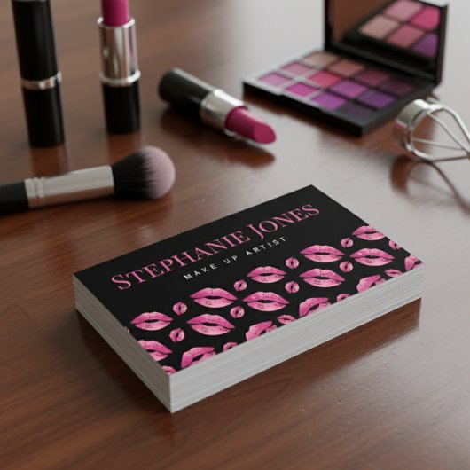 Makeup Artist Lips Pattern Cute Pink & Black Visitekaartje