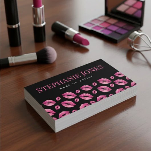 Makeup Artist Lips Pattern Cute Pink & Black Visitekaartje