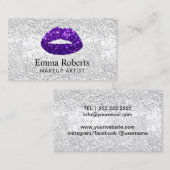 Makeup Artist Paars Glitter Lips Modern Silver Visitekaartje (Voorkant / Achterkant)