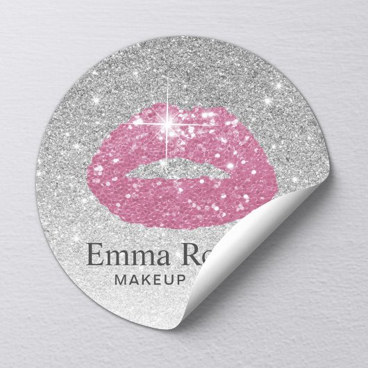 Makeup Artist Pink Lips Modern Silver Glitter Ronde Sticker