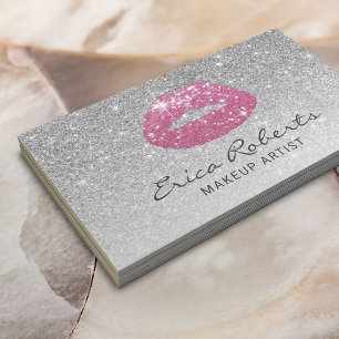 Makeup Artist Pink Lips Modern Silver Glitter Visitekaartje