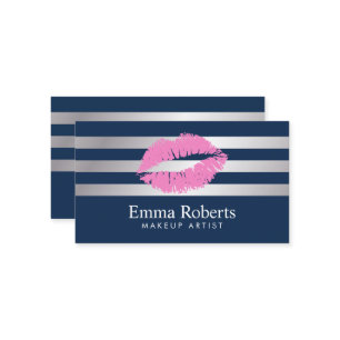 Makeup Artist Pink Lips Navy Blue Modern Stripes Visitekaartje