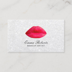 Makeup Artist Red Lips Elegant White Glitter Visitekaartje
