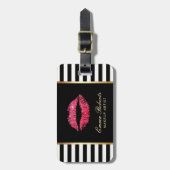 Makeup Artist Red Lips Modern Black White Stripes Bagagelabel (Voorkant verticaal)