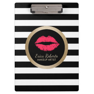 Makeup Artist Red Lips Modern Black White Stripes Klembord