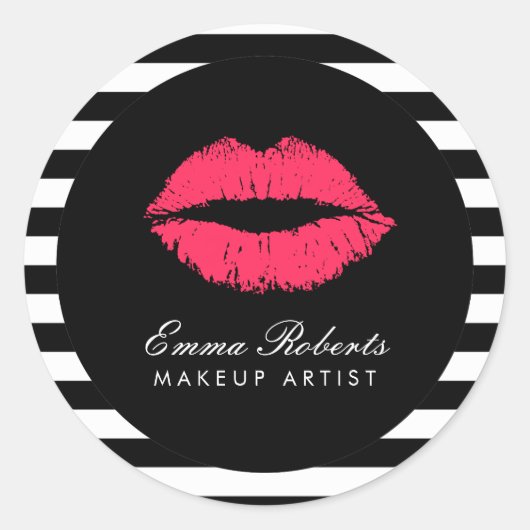 Makeup Artist Red Lips Modern Black White Stripes Ronde Sticker (Voorkant)
