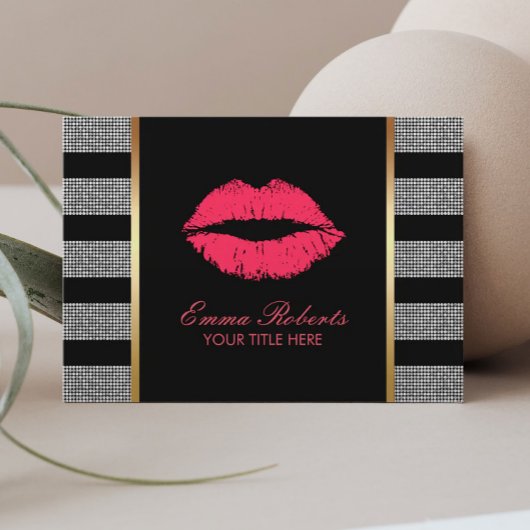Makeup Artist Red Lips Modern Silver Stripes Visitekaartje