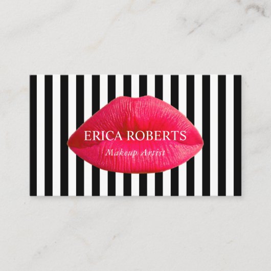 Makeup Artist Red Lips Salon Modern Stripes Visitekaartje (Voorkant)