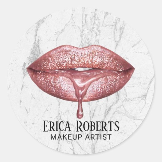Makeup Artist Roos Gold Drip Lips White marble Ronde Sticker (Voorkant)