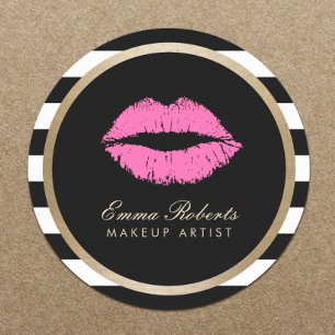 Makeup Artist Roze Lips Modern Black White Stripes Ronde Sticker