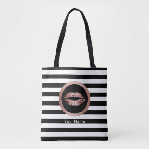 Makeup Artist Salon Roos Gold Lips Moderne Stripes Tote Bag