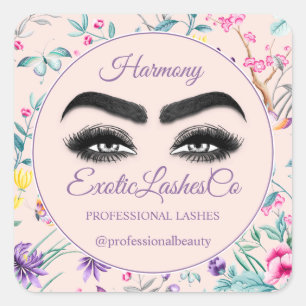 Makeup Eyelash Packaging Cleaner Floral Paars Vierkante Sticker