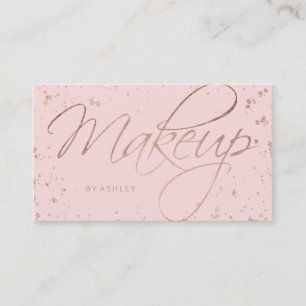 Makeup faux roos gold confetti script on roze visitekaartje