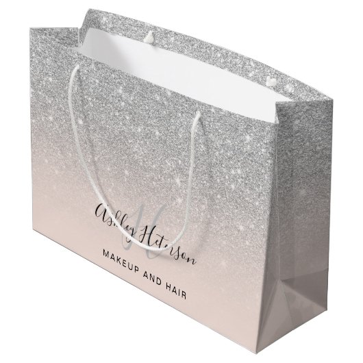 Makeup monogram blush Silver Glitter script Groot Cadeauzakje (Achterkant Gekanteld)